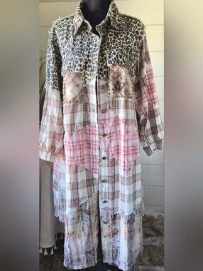 POL Mixed Media Plaid Leopard Duster Shacket Paisley Plant Patchwork Boho Jacket